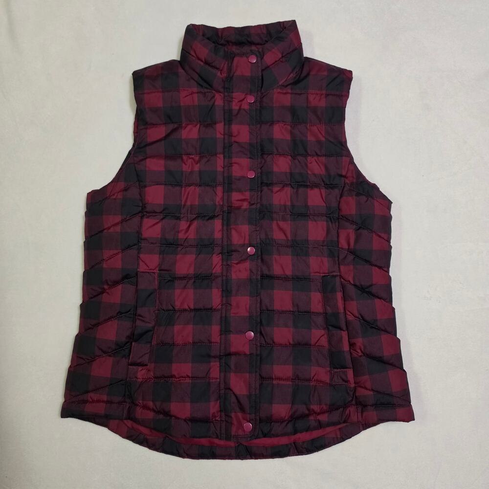 āGap Womens Medium Red Black Buffalo Plaid Puffer Vest Snap Button Mock Neck